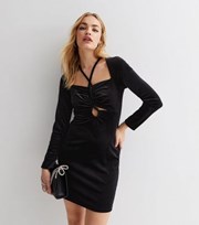 New Look Black Velvet Strappy Long Sleeve Mini Dress